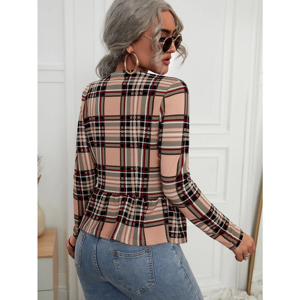 Plaid Print Open Front collarless blazer Jacket tan - Picture 2 of 4